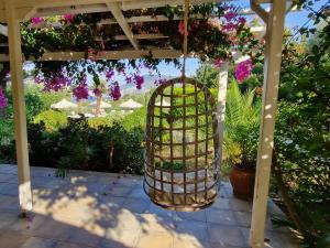 a bird cage hanging from a pergola with flowers at Panorama Apartments Fiscardo in Fiskardho