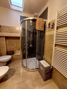 uma casa de banho com um chuveiro, um lavatório e um WC. em Il Nido sull'Arno em Figline Valdarno