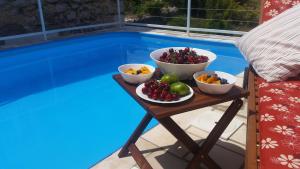 a tray of fruit on a table next to a swimming pool at Holiday Home Bobovisca in Ložišće