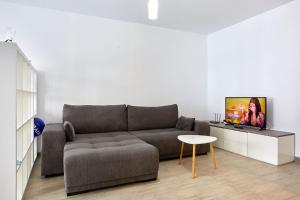 a living room with a couch and a tv at Apartamente Indigo Alezzi Beach Pool & Spa in Mamaia Sat/Năvodari