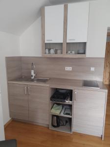 una pequeña cocina con fregadero y encimera en Apartma Katja, en Mojstrana