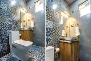 Duas fotografias de uma casa de banho com WC e lavatório. em FabHotel Bay Boutique By Foxtale em Marmagao