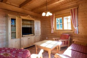 a living room with a table and a tv in a cabin at Holiday home in Stefan in the Lavanttal with balcony in Elsenbrunn