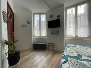 1 dormitorio con 1 cama y TV en la pared en Studio de la Poterie, en Vermenton