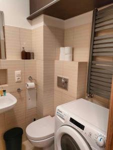 łazienka z pralką i toaletą w obiekcie Apartament Zakątek Kudowa Przytulny w Kudowie Zdroju