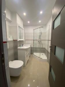 a bathroom with a toilet and a shower and a sink at Apartament Central Suceava in Suceava
