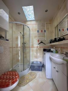 a bathroom with a shower and a toilet and a sink at Blue apartment in City Center, Best location in Bratislava
