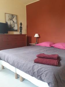 um quarto com uma cama com duas toalhas vermelhas em La maison du jardin em Rustrel