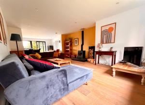 a living room with a couch and a tv at The Annex, Escape to the Country in Salcombe