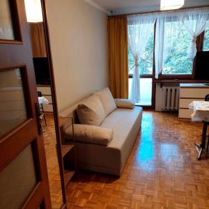 a living room with a couch and a large window at Mieszkanie na Mickiewicza 7 in Olkusz