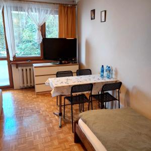 um quarto com uma mesa e cadeiras e uma televisão em Mieszkanie na Mickiewicza 7 em Olkusz
