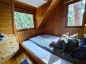 a bed in a wooden cabin with two windows at Tiny Wooden Cottage -Covasna in Reci