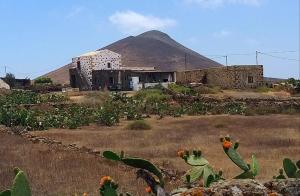 un edificio en un campo con una montaña en el fondo en Lovely Cottage, en La Oliva