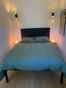 ein Bett mit blauer Decke in einem Schlafzimmer in der Unterkunft PROVENCE facile in Le Tholonet