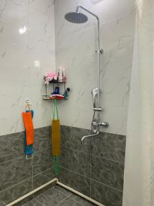 a shower with a glass door in a bathroom at Handicraft house in Karakol