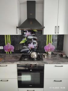 een keuken met een fornuis met paarse bloemen op het aanrecht bij Современная квартира с видом на горы in Alma-Ata
