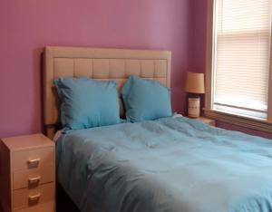 a bedroom with a large bed with blue pillows at Beautiful Victorian house, Great Views, free parking in Boston