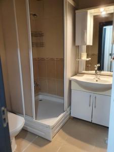 a bathroom with a shower and a sink and a toilet at Mükemmel Konum'da Lüx Dairede Konaklama in Sivas