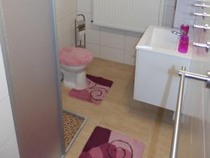 ein Badezimmer mit einem WC, einem Waschbecken und zwei Teppichen in der Unterkunft Ferienwohnung unweit der Müritz in Gotthun