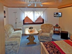 ein Wohnzimmer mit einem Sofa, Stühlen und einem Bett in der Unterkunft Ferienwohnung unweit der Müritz in Gotthun
