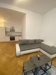 uma sala de estar com um sofá e uma mesa em Home Sweet Home Vienna - Penthouse em Viena