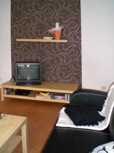 ein Wohnzimmer mit einem TV und einem Stuhl in der Unterkunft Ferienwohnung Paul in der Rostocker Heide in Blankenhagen