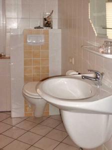 ein Bad mit einem WC und einem Waschbecken in der Unterkunft Ferienwohnung Paul in der Rostocker Heide in Blankenhagen