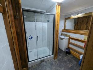 a bathroom with a shower and a toilet and a sink at The Steading Highland Glen Lodge in Drumnadrochit