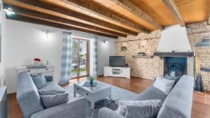 a living room with two couches and a fireplace at Villa Marijanin Vrt by Villas Holiday in Tinjan