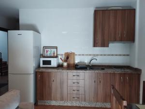 a kitchen with wooden cabinets and a white refrigerator at Apartamento turístico Rutas del Torcal in Villanueva de la Concepción