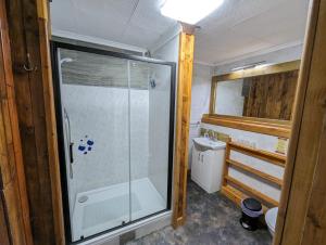 a bathroom with a shower and a toilet at The Steading Highland Glen Lodge in Drumnadrochit