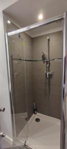 a shower with a glass door in a bathroom at Cosy 2 pièces à deux pas du petit train de la Mure in La Mure
