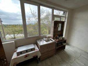 eine Küche mit einem Waschbecken und zwei Fenstern in der Unterkunft OK house! in Kobuleti
