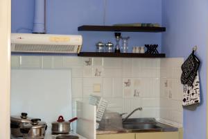 a kitchen with a sink and a counter top at Liakos' Apartments in Vasilika