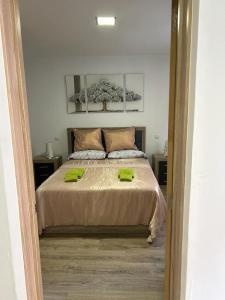 a bedroom with a bed with two green towels on it at Casita bonita in Las Palmas de Gran Canaria
