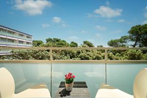 a balcony with chairs and a table with flowers on it at Hotel Pinija in Petrcane