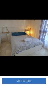 a bedroom with a white bed with blue pillows at Bel appartement climatisé refait à neuf 100 m de l'océan et toutes commodités 3 e étage sans ascenseur in Seignosse