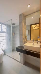 a bathroom with a sink and a mirror and a toilet at Priyo Nibash Stylish Residential Hotel in Dhaka