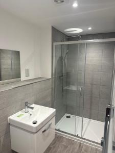 a bathroom with a shower and a sink and a toilet at The Dorrington in Halstead