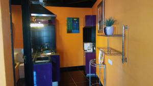 eine Küche mit lila und orangefarbenen Wänden und einem Waschbecken in der Unterkunft Modern holiday home with balcony with sea and mountain views no Teide-view in Icod de los Vinos