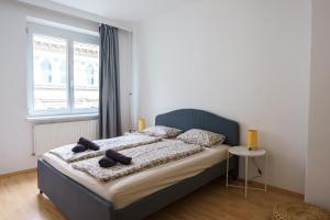 ein Schlafzimmer mit einem Bett in einem Zimmer mit einem Fenster in der Unterkunft Central Living Apartments - Schottentor in Wien