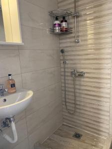 a bathroom with a shower and a sink at Kinfeels' apt ( PM2 ) in Larisa