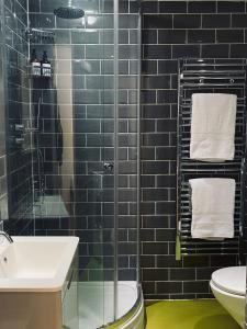 a bathroom with a shower and a sink and a toilet at Regent’s Park / Marylebone Studio Flat in London