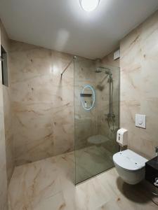 La salle de bains est pourvue d'une douche en verre et de toilettes. dans l'établissement Clinton Tirana Inn, à Tirana