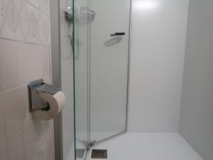 a shower with a glass door and a toilet paper roll at Studio Les Erables Apt 361 by Interhome in Zinal
