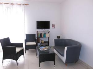 ラ・トランシュ・シュル・メールにあるHoliday Home Les Hippocampes by Interhomeのソファと椅子とテレビのあるリビングルーム