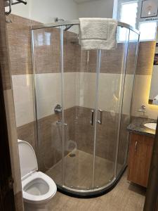 a bathroom with a shower and a toilet at Palladium Luxury Suites Financial District Unit II in Hyderabad