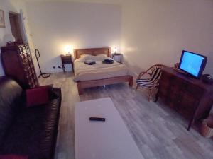 Un dormitorio con una cama, un televisor y un sofá. en Relais GLASSDELL, en Freyming-Merlebach