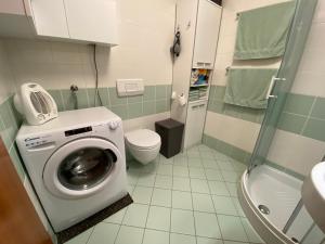 a small bathroom with a washing machine in it at Nice apartment with terrace and garden view in Bohinj