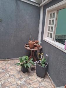 uma mesa com vasos de plantas ao lado de uma janela em dormitorio 4 solteiro luxuoso a 2 km de alphaville em Barueri